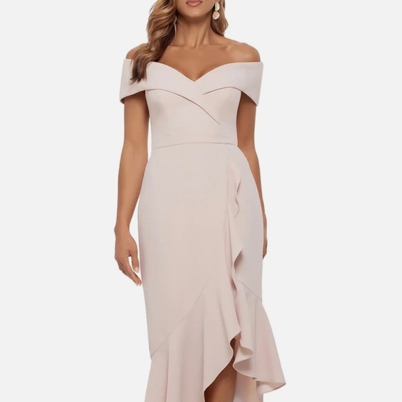 Xscape Plus Off-the-Shoulder Sweetheart Neck Ruffle Handkerchief Dress Blossom - Picture 3 of 4